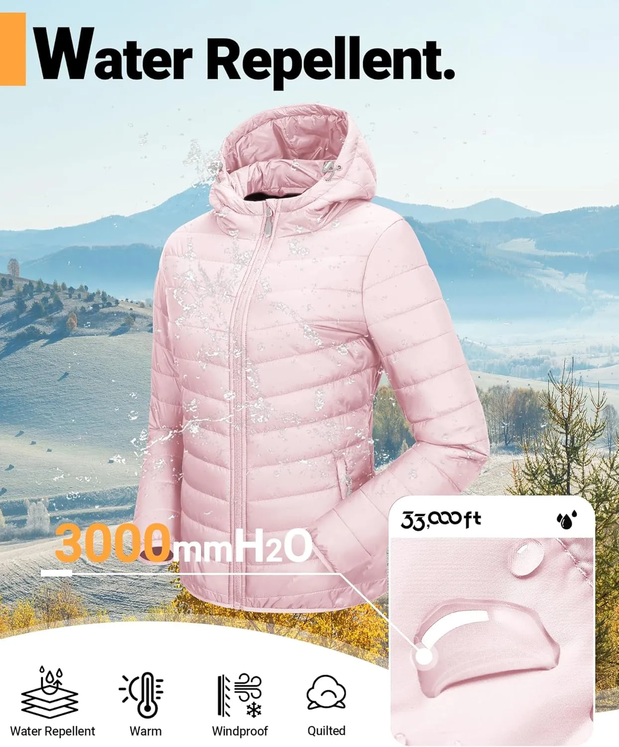 33,000ft Women's Hooded Packable Puffer Jacket Lightweight Warm Puffy Quilted Winter Coat