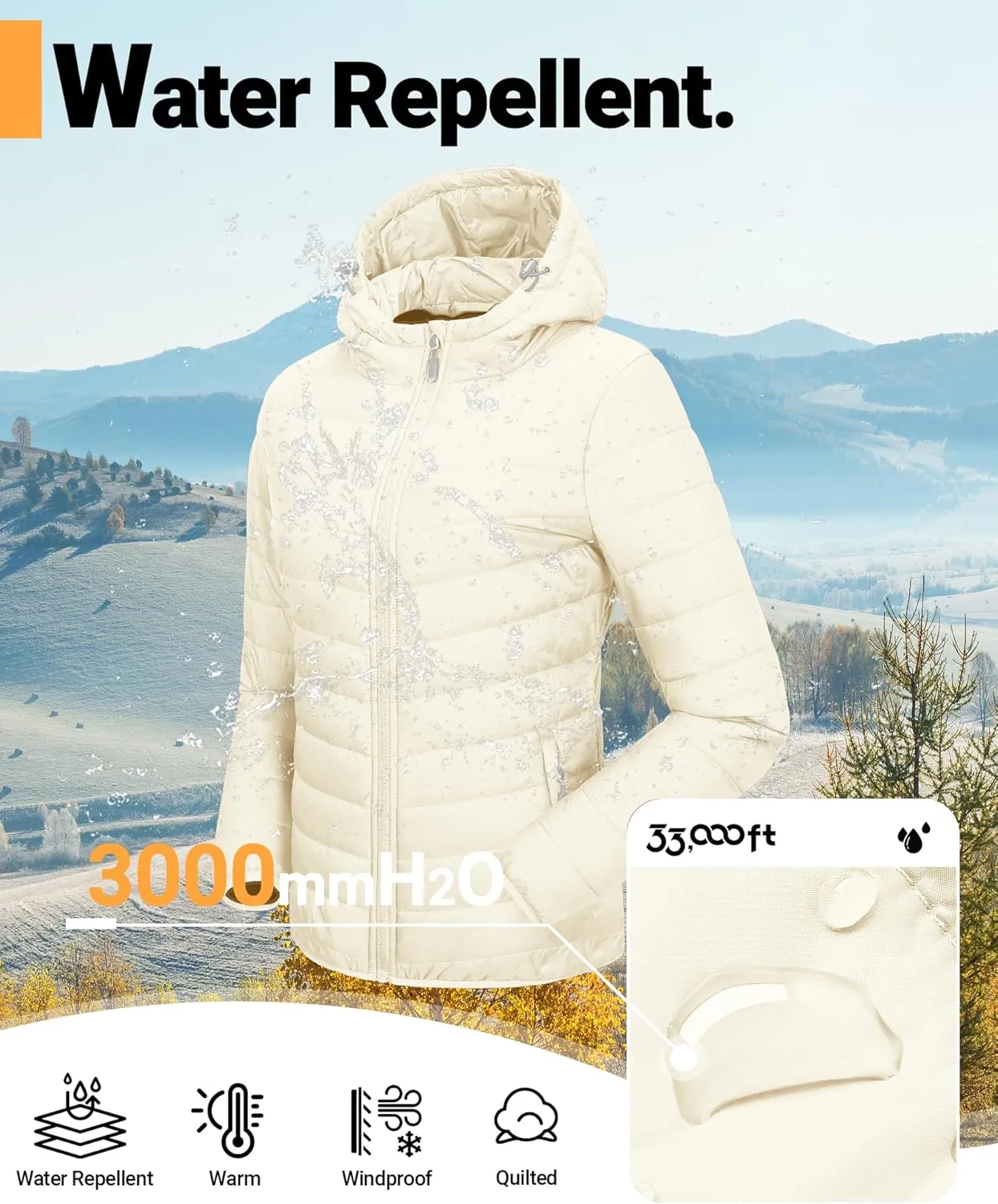 33,000ft Women's Hooded Packable Puffer Jacket Lightweight Warm Puffy Quilted Winter Coat