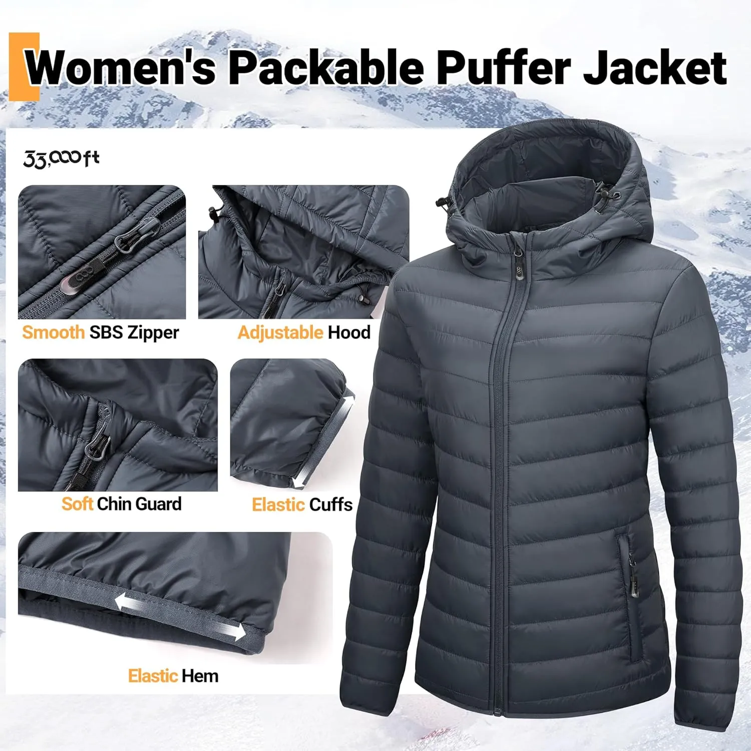 33,000ft Women's Hooded Packable Puffer Jacket Lightweight Warm Puffy Quilted Winter Coat