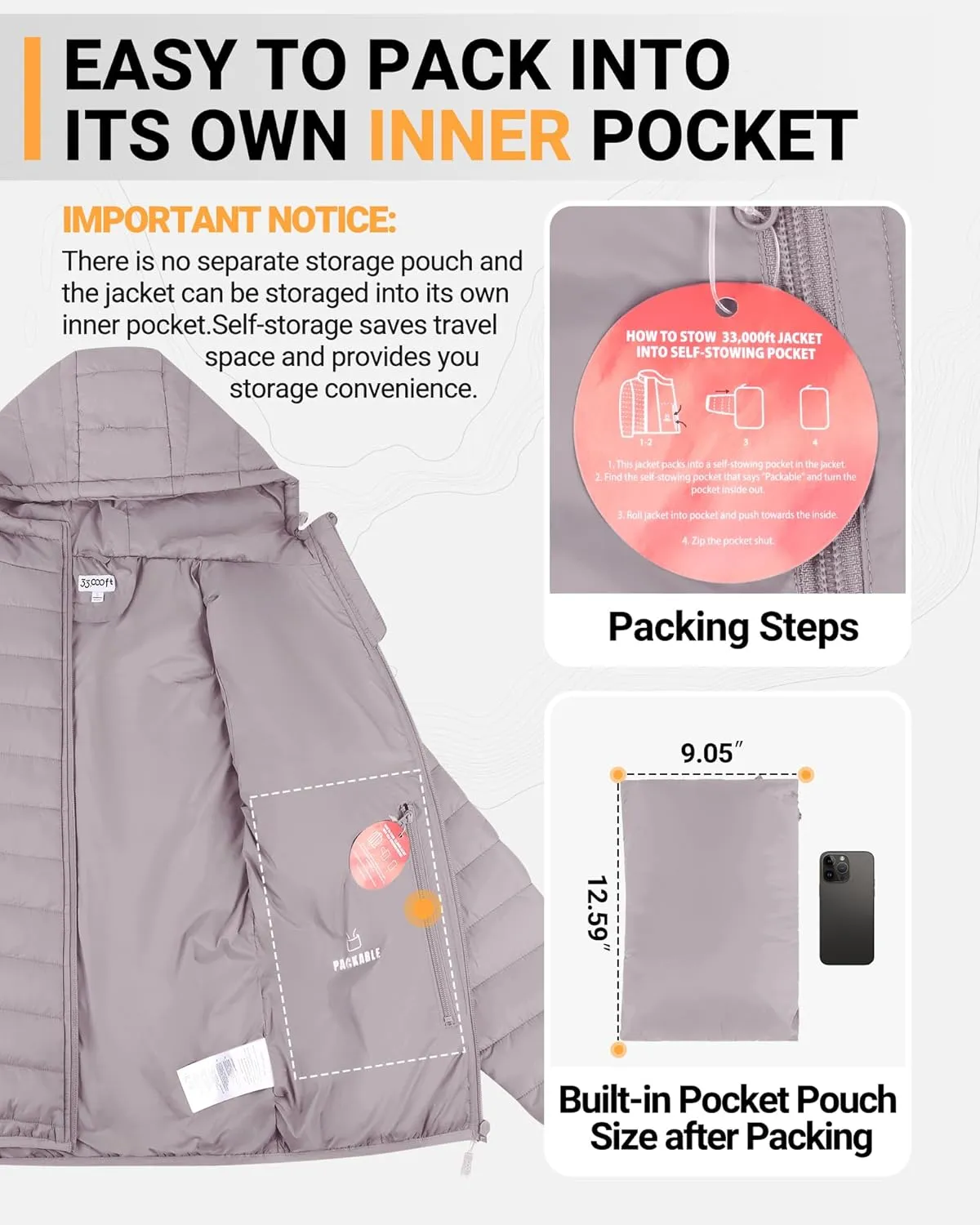 33,000ft Women's Hooded Packable Puffer Jacket Lightweight Warm Puffy Quilted Winter Coat