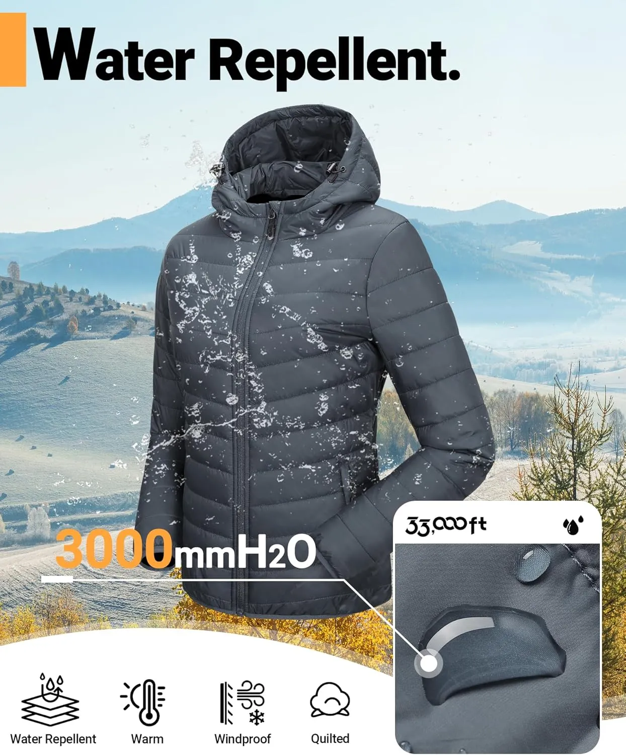 33,000ft Women's Hooded Packable Puffer Jacket Lightweight Warm Puffy Quilted Winter Coat