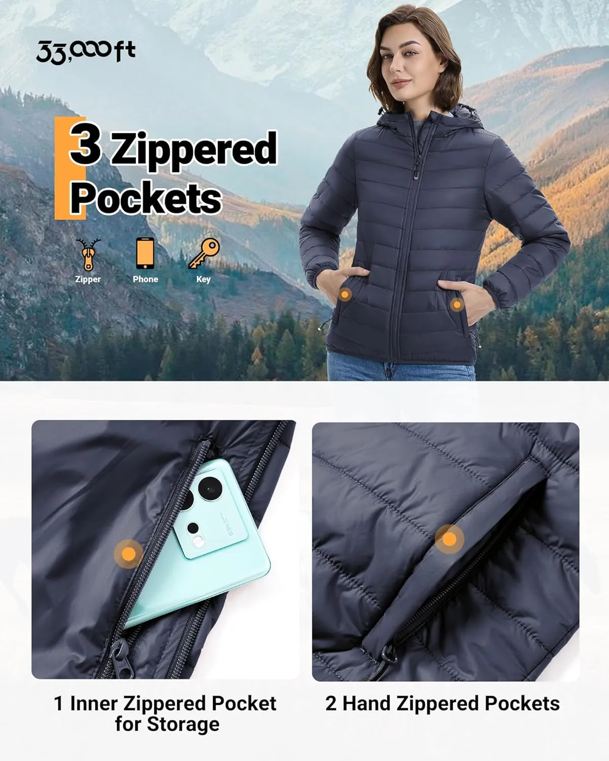 33,000ft Women's Hooded Packable Puffer Jacket Lightweight Warm Puffy Quilted Winter Coat