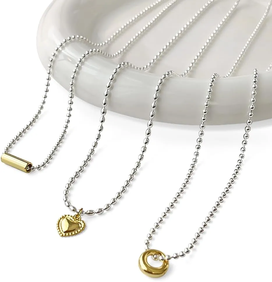 3pcs Silver Necklaces for Women Trendy,Silver Plated Beads Necklace Gold Plated Pendant Heart Necklaces,Simple Womens Necklaces Silver Chain Gold Necklaces,Dainty Necklace for Women Jewelry Gifts