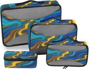 4 Pcs set organizers and storage Mesh Travel Essentials Blue Gold Marble Fluid expandable cubes for diaper bag