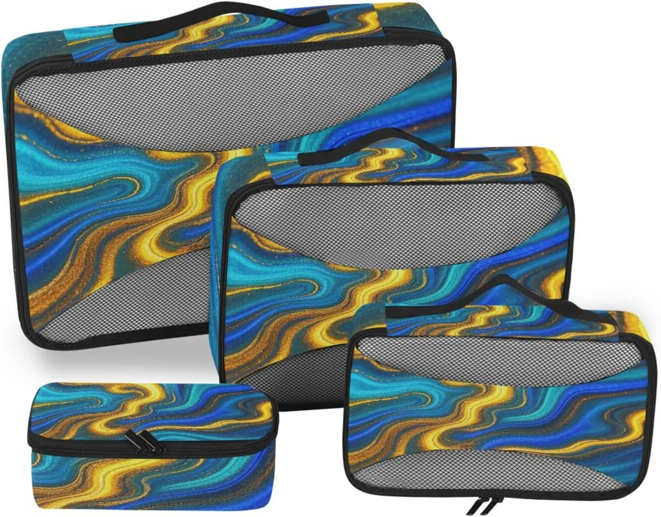 4 Pcs set organizers and storage Mesh Travel Essentials Blue Gold Marble Fluid expandable cubes for diaper bag