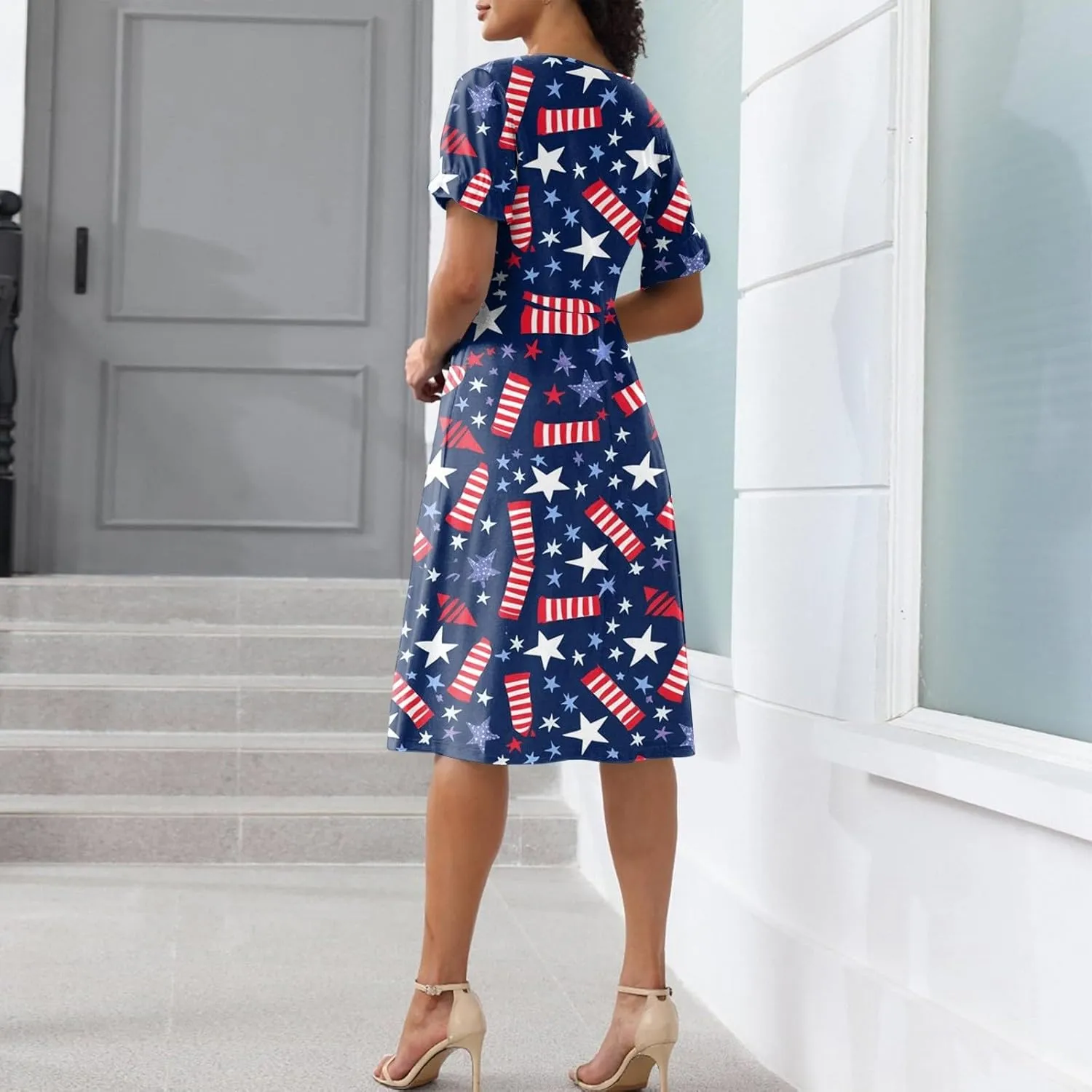 4Th July Dress Women Midi Red White and Blue Dresses Short Sleeve USA Flag Dress Holiday Festival Dresses
