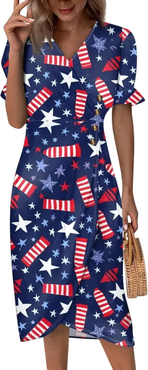 4Th July Dress Women Midi Red White and Blue Dresses Short Sleeve USA Flag Dress Holiday Festival Dresses