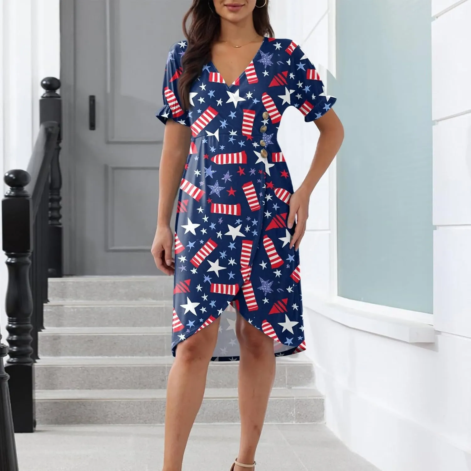 4Th July Dress Women Midi Red White and Blue Dresses Short Sleeve USA Flag Dress Holiday Festival Dresses