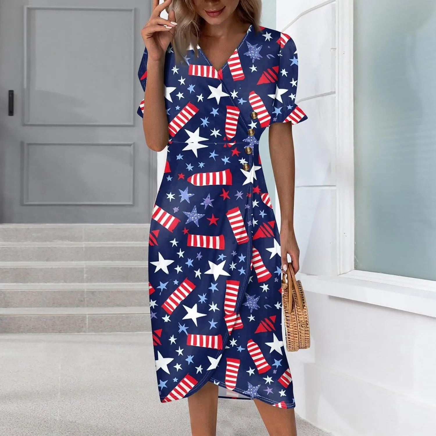 4Th July Dress Women Midi Red White and Blue Dresses Short Sleeve USA Flag Dress Holiday Festival Dresses
