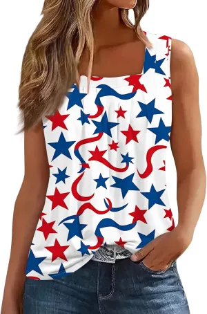4Th of July Tank Tops for Women Ruffled Square Neck Loose Fit American Flag Tank Top Sleeveless Festival Outfits