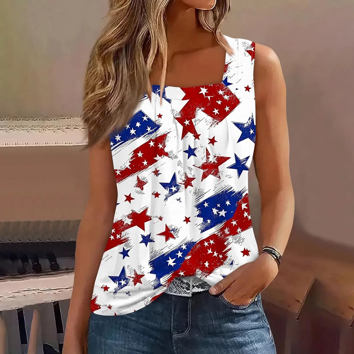 4Th of July Tank Tops for Women Ruffled Square Neck Loose Fit American Flag Tank Top Sleeveless Festival Outfits