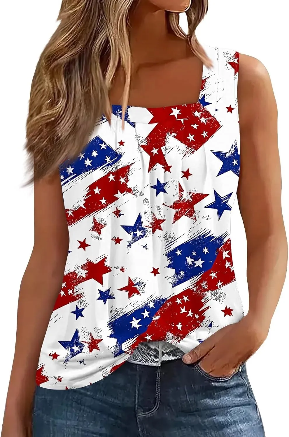 4Th of July Tank Tops for Women Ruffled Square Neck Loose Fit American Flag Tank Top Sleeveless Festival Outfits