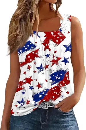 4Th of July Tank Tops for Women Ruffled Square Neck Loose Fit American Flag Tank Top Sleeveless Festival Outfits