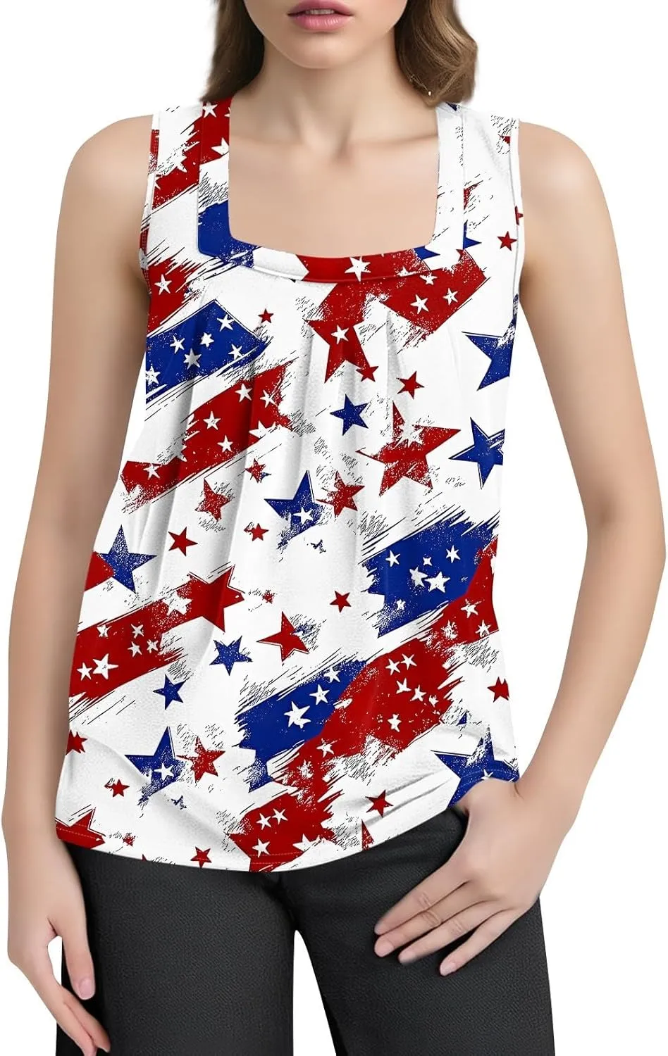 4Th of July Tank Tops for Women Ruffled Square Neck Loose Fit American Flag Tank Top Sleeveless Festival Outfits
