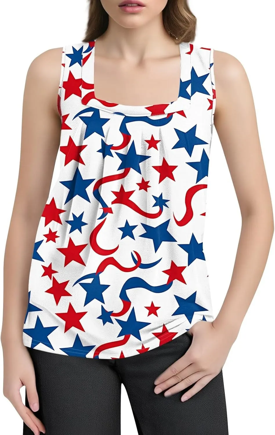 4Th of July Tank Tops for Women Ruffled Square Neck Loose Fit American Flag Tank Top Sleeveless Festival Outfits