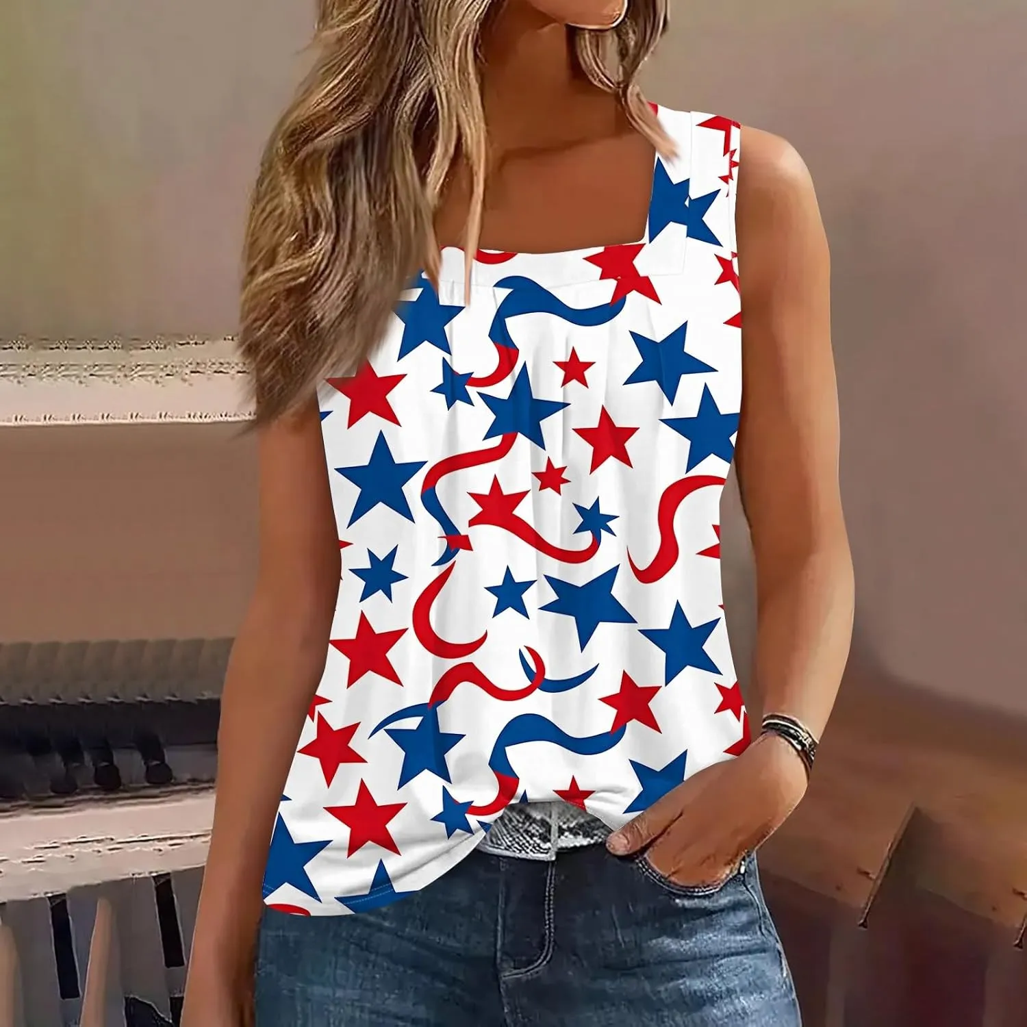 4Th of July Tank Tops for Women Ruffled Square Neck Loose Fit American Flag Tank Top Sleeveless Festival Outfits