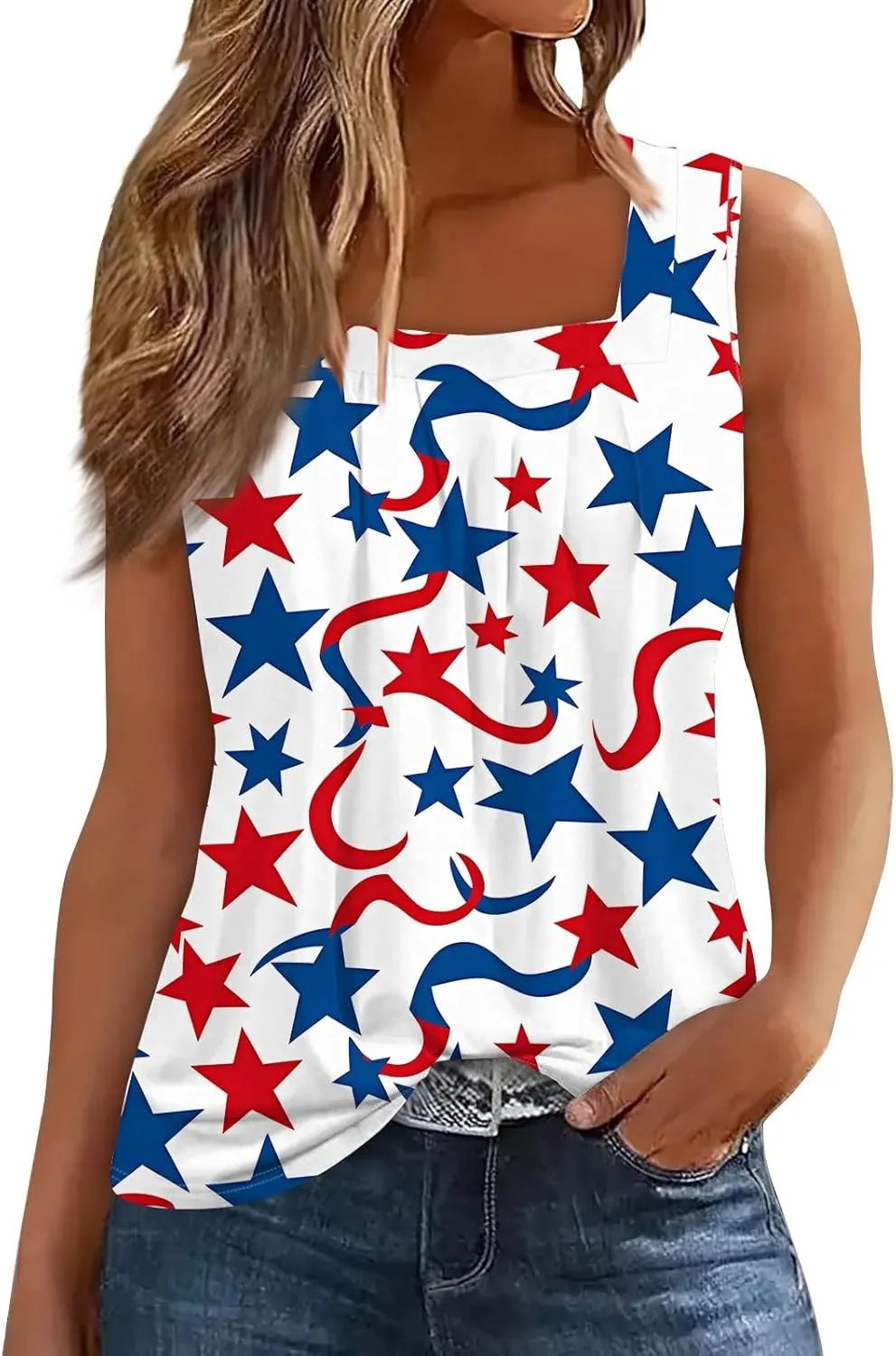 4Th of July Tank Tops for Women Ruffled Square Neck Loose Fit American Flag Tank Top Sleeveless Festival Outfits