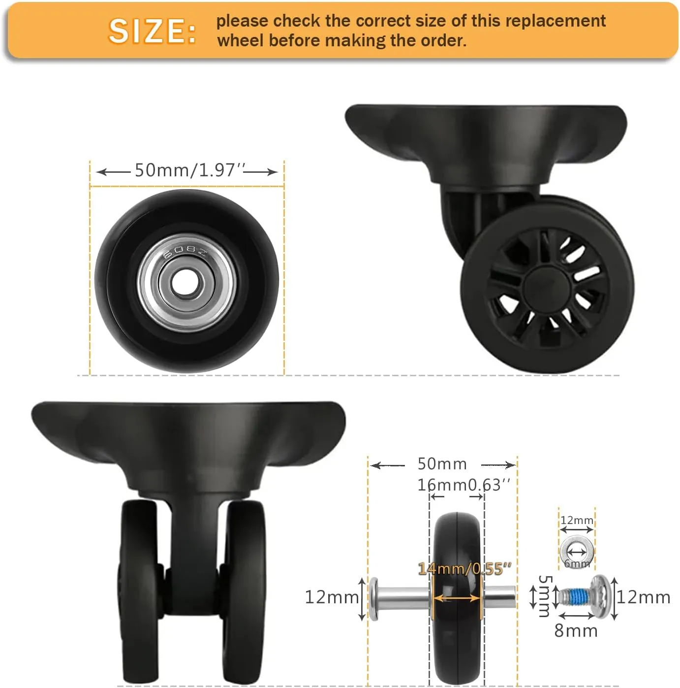 50mmx14mm/1.97inx0.55in Luggage Replacement Wheels Set 8Pcs with Saw 50mm/1.97in Axles Rubber Swivel Caster Wheels Travel Luggage Wheel Repair Kit for Suitcases Trolley Bags