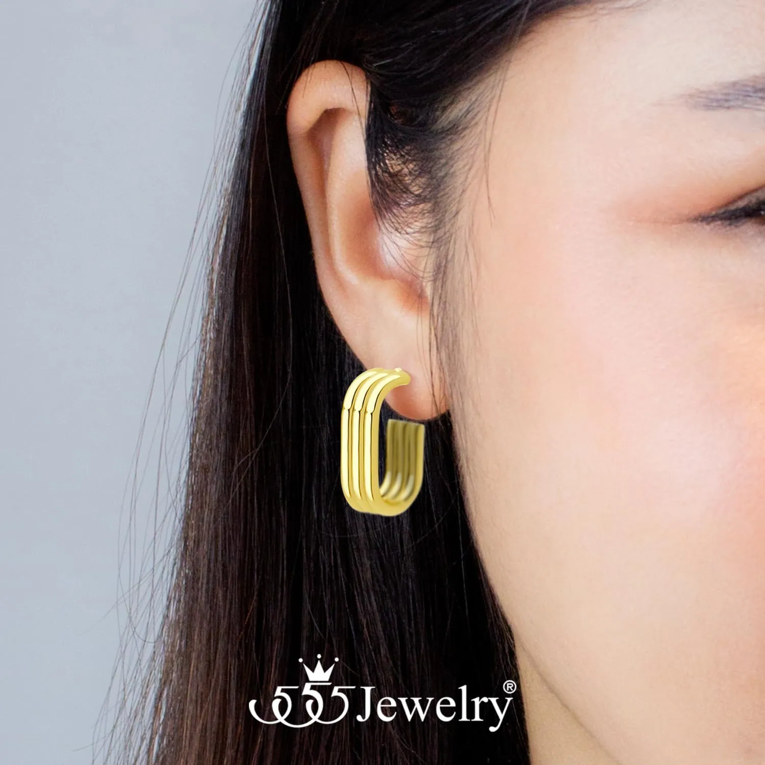 555Jewelry 6MM Stainless Steel Earrings Chunky Hoop Earrings for Women Thick Oval Triple U Hoop Earrings for Women Hypoallergenic