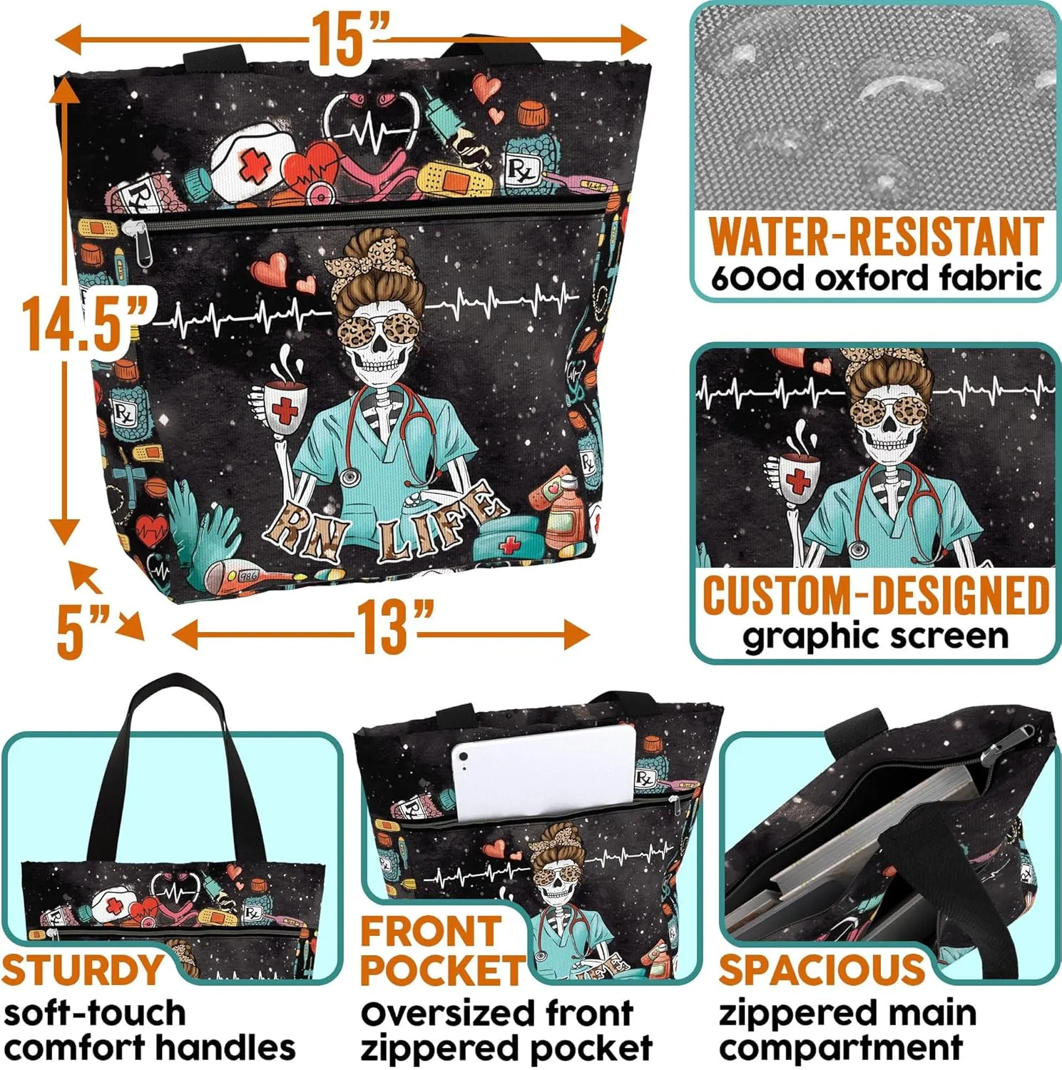 84hoods Aesthetic Tote Bag for Women. Gift for RN Registered Nurse. Large Shoulder Bag with Pockets and Zipper for Work.