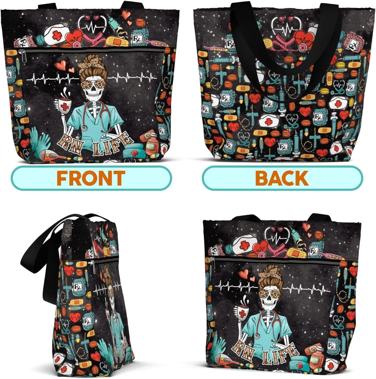 84hoods Aesthetic Tote Bag for Women. Gift for RN Registered Nurse. Large Shoulder Bag with Pockets and Zipper for Work.