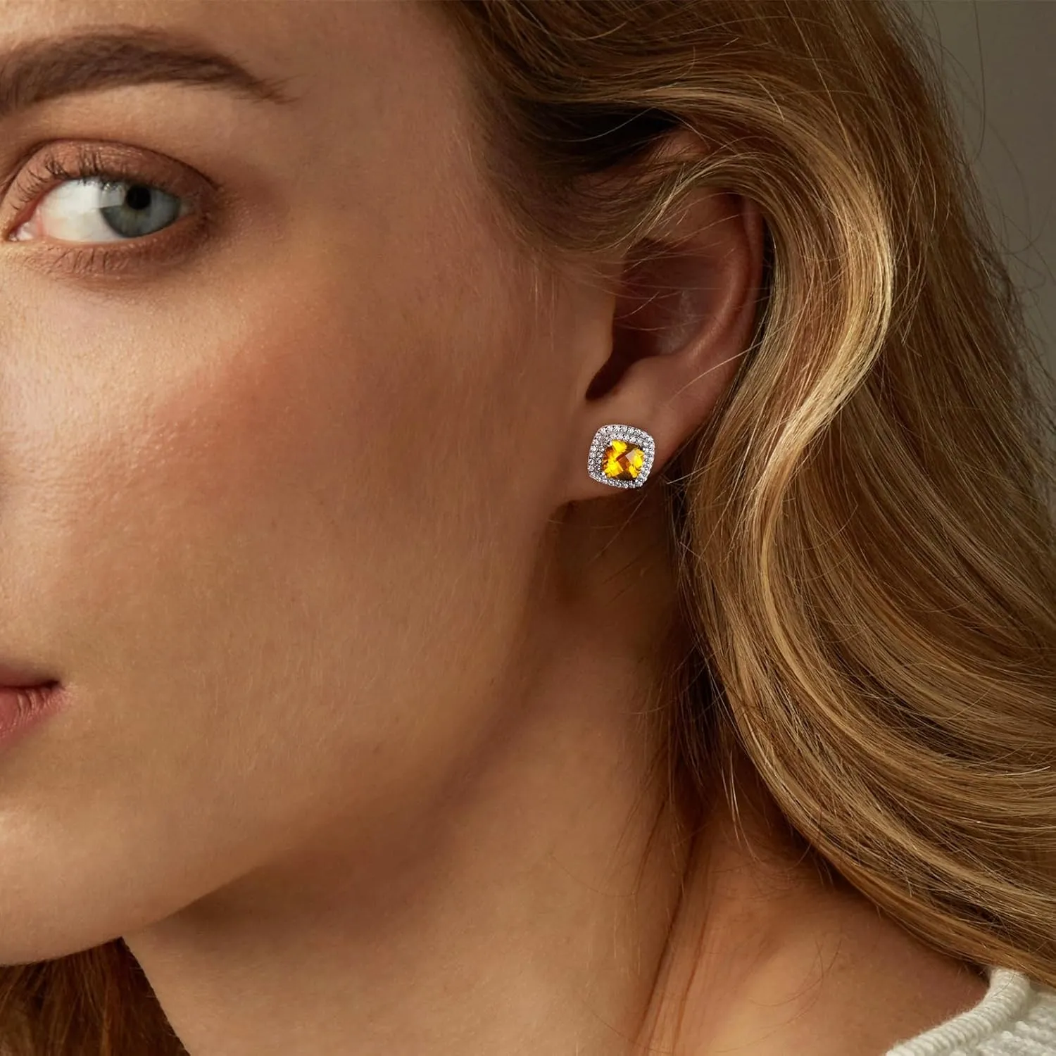 925 Sterling Silver Birthstone Earrings for Women Teen Girls Dainty Cute Created Gemstone Crystal Square Earrings Double Halo Stud Earrings