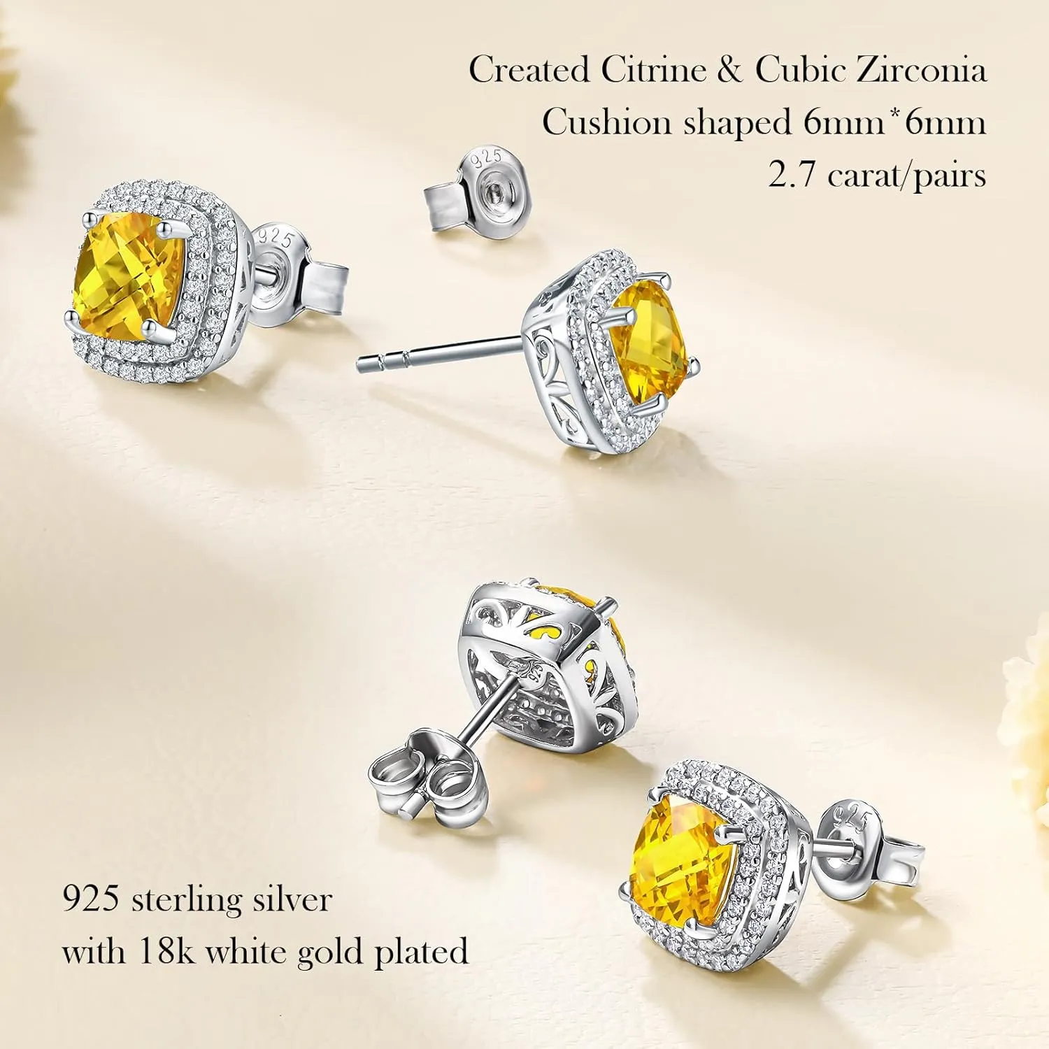 925 Sterling Silver Birthstone Earrings for Women Teen Girls Dainty Cute Created Gemstone Crystal Square Earrings Double Halo Stud Earrings