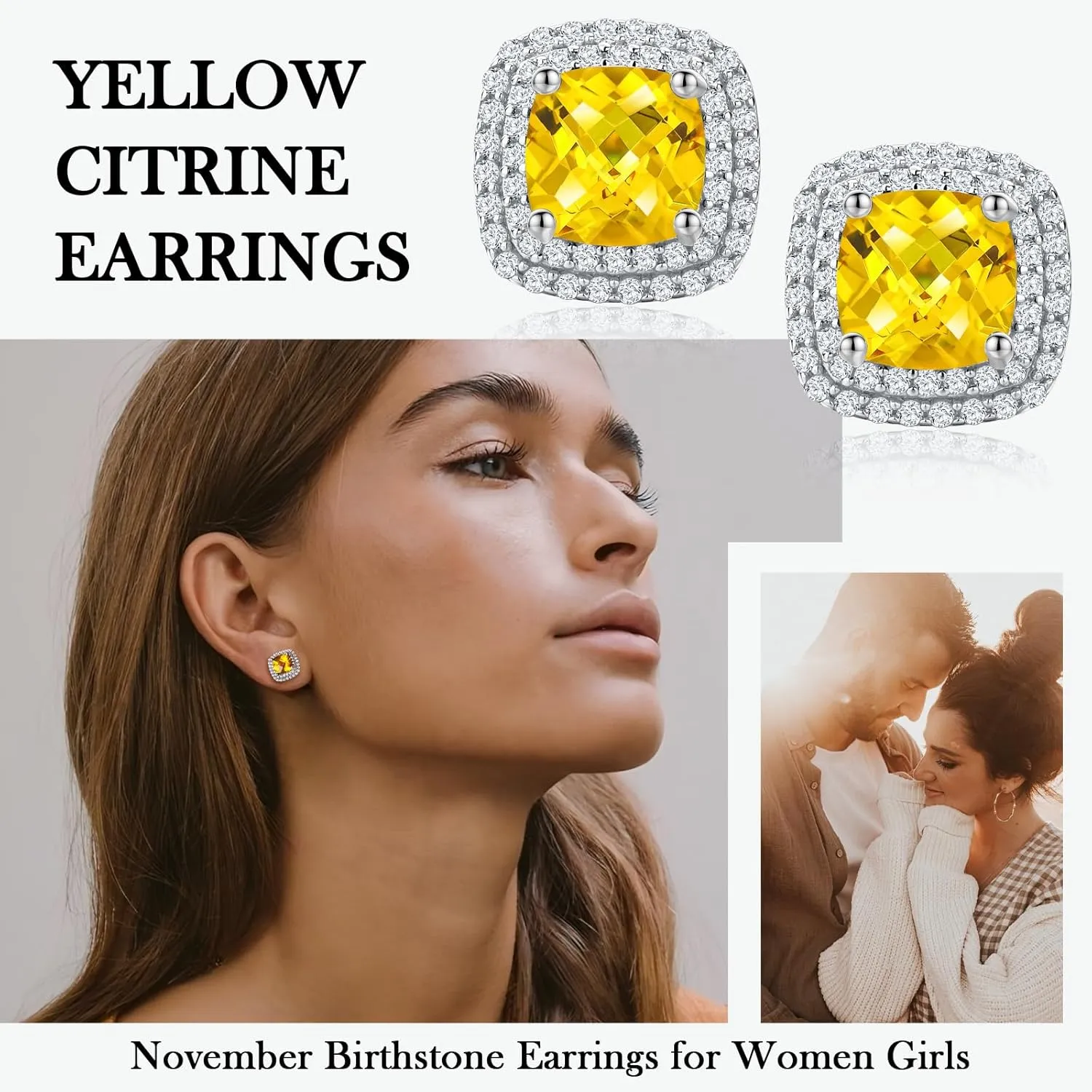 925 Sterling Silver Birthstone Earrings for Women Teen Girls Dainty Cute Created Gemstone Crystal Square Earrings Double Halo Stud Earrings