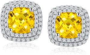 925 Sterling Silver Birthstone Earrings for Women Teen Girls Dainty Cute Created Gemstone Crystal Square Earrings Double Halo Stud Earrings