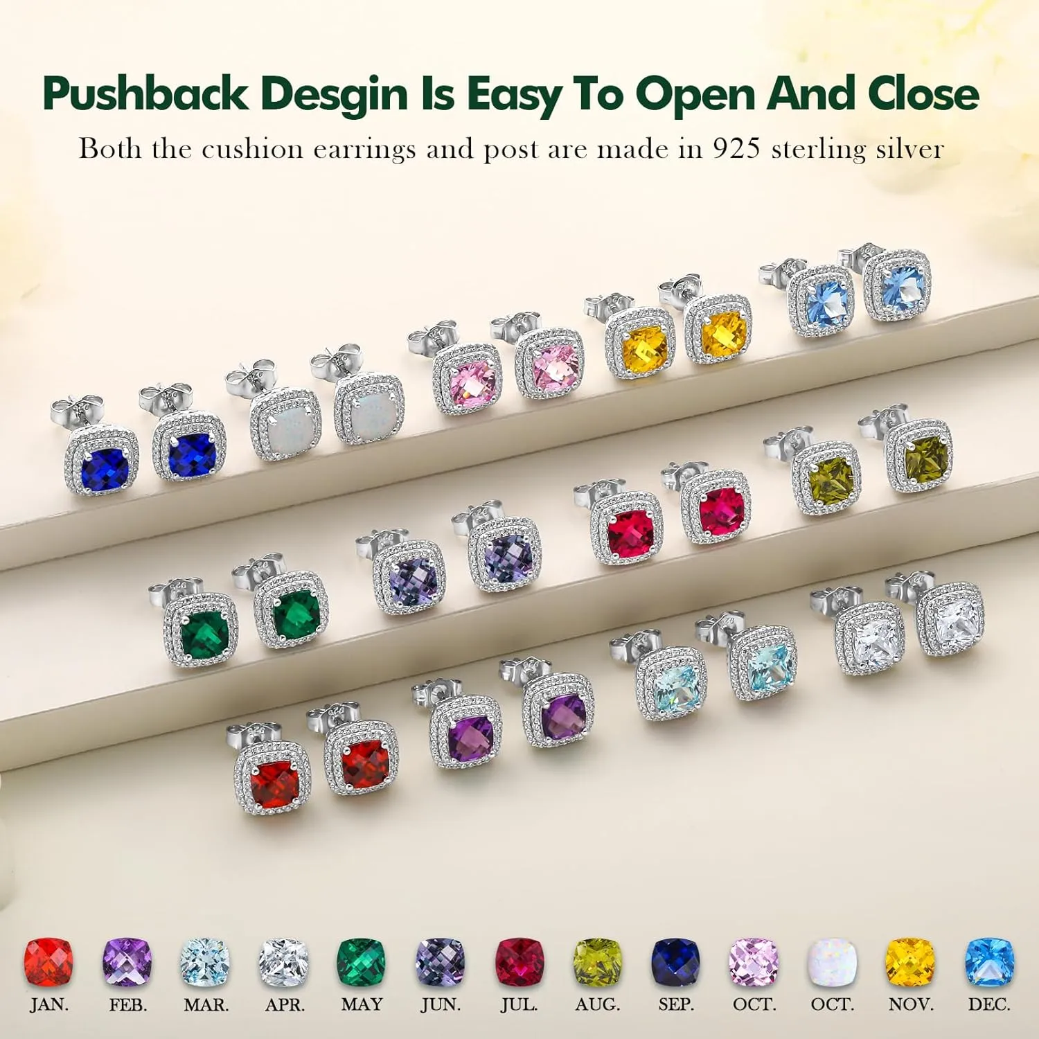 925 Sterling Silver Birthstone Earrings for Women Teen Girls Dainty Cute Created Gemstone Crystal Square Earrings Double Halo Stud Earrings