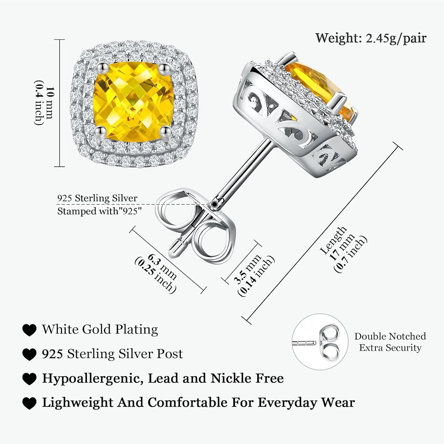 925 Sterling Silver Birthstone Earrings for Women Teen Girls Dainty Cute Created Gemstone Crystal Square Earrings Double Halo Stud Earrings
