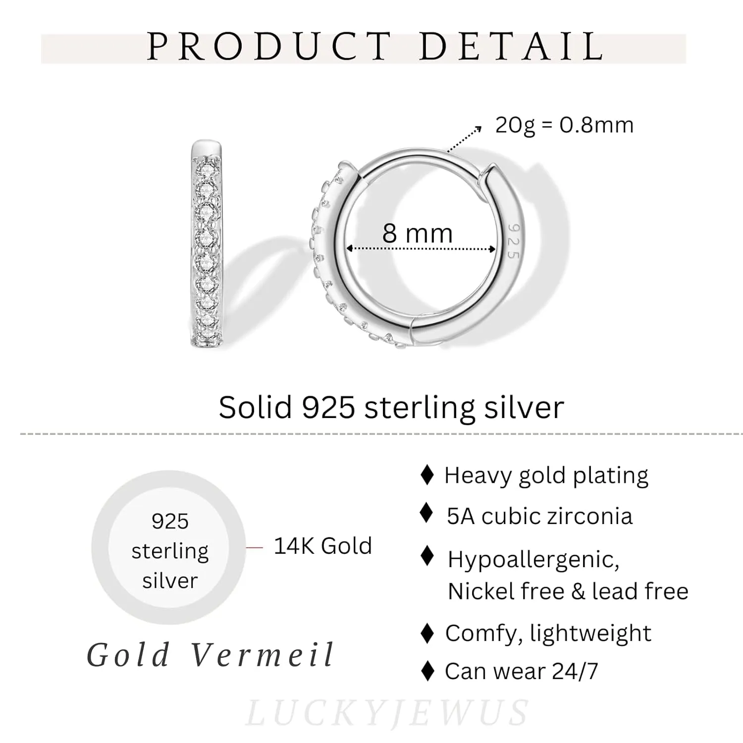 925 Sterling Silver Small Gold Hoop Earrings for Women Men,14K Gold Plated Cubic Zirconia Huggie Hoop Earrings for Cartilage, Helix, Tragus, Dainty Lightweight Hypoallergenic Earrings (Silver, 8mm)