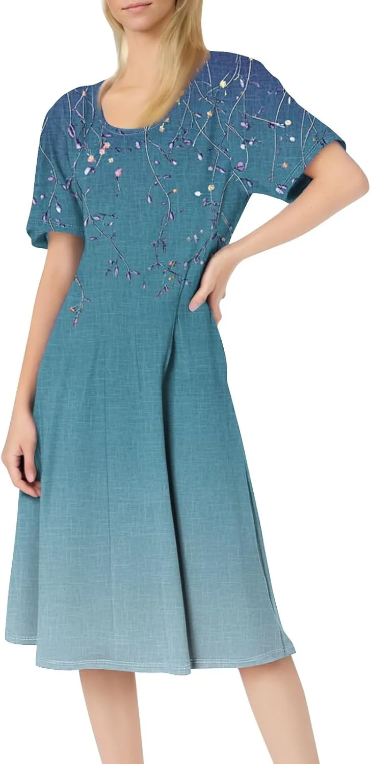 ADHOWBEW Plus Size Dresses for Women O Neck Trendy Cute Casual Loose Fit Hawaiian Short Sleeve Beach Dresses
