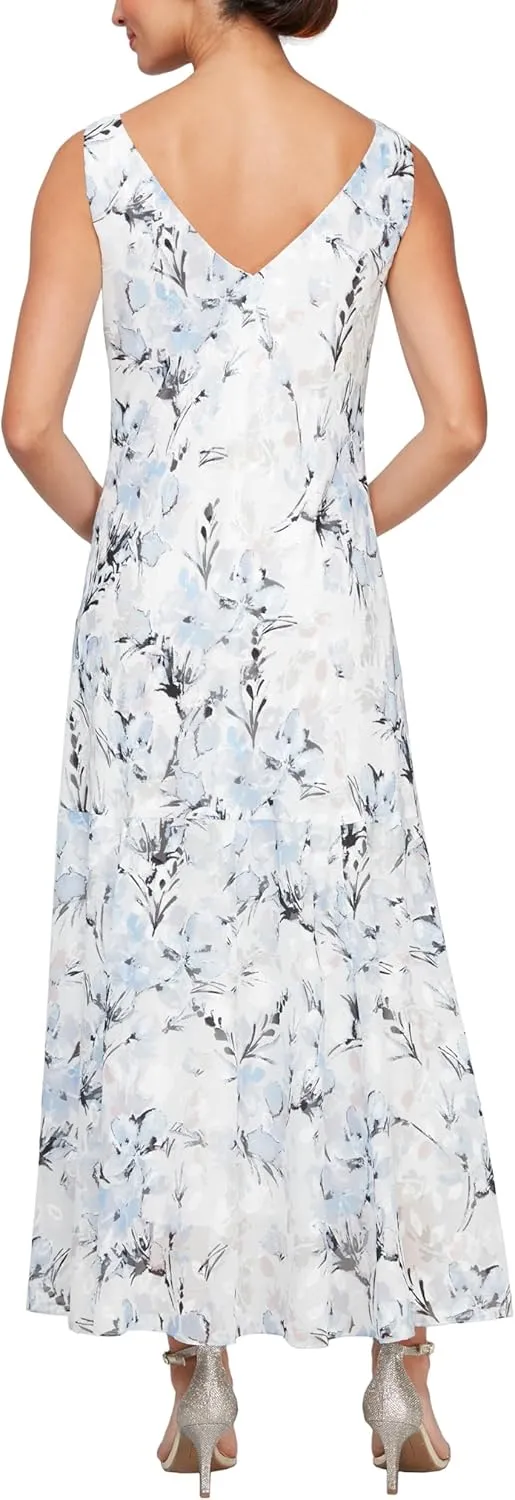 Alex Evenings Women's Formal Sleeveless Cowl Neck Floral Print Gown with Shawl, Wedding Guest, Mother of The Bride Dress