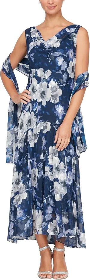 Alex Evenings Women's Formal Sleeveless Cowl Neck Floral Print Gown with Shawl, Wedding Guest, Mother of The Bride Dress