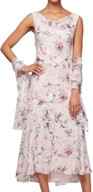 Alex Evenings Women's Formal Sleeveless Cowl Neck Floral Print Gown with Shawl, Wedding Guest, Mother of The Bride Dress