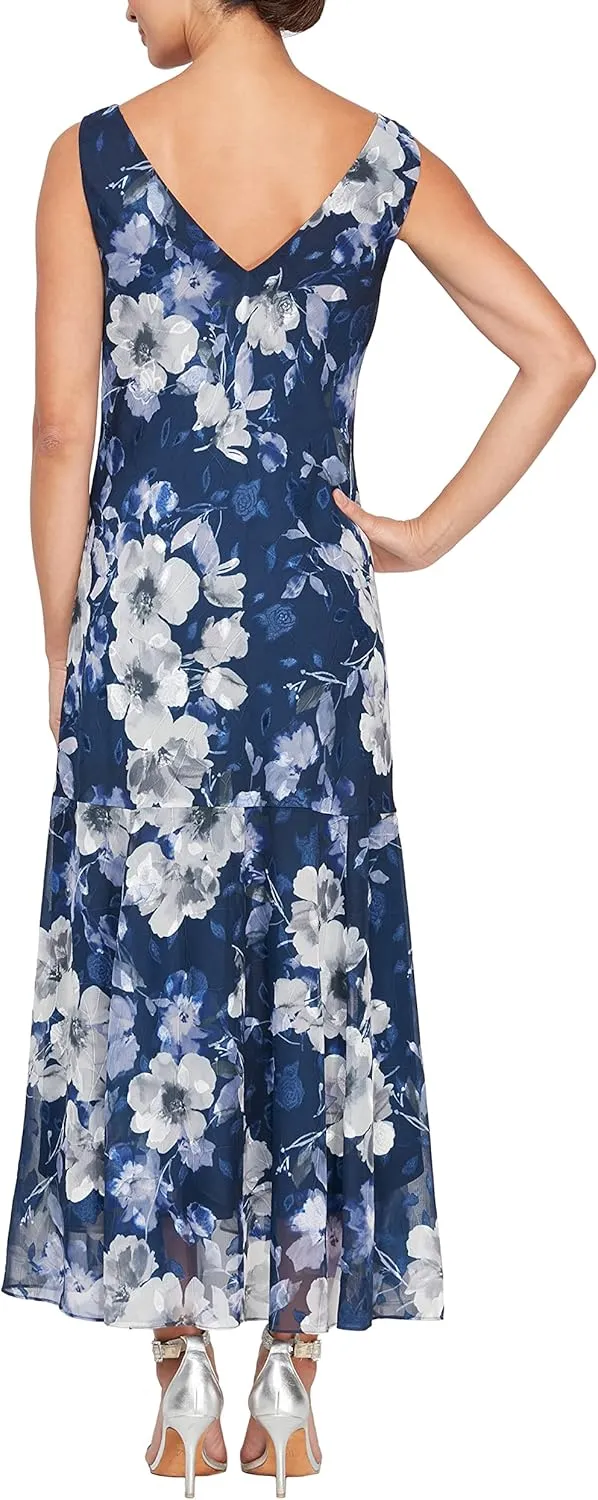 Alex Evenings Women's Formal Sleeveless Cowl Neck Floral Print Gown with Shawl, Wedding Guest, Mother of The Bride Dress