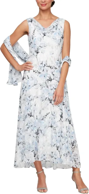 Alex Evenings Women's Formal Sleeveless Cowl Neck Floral Print Gown with Shawl, Wedding Guest, Mother of The Bride Dress