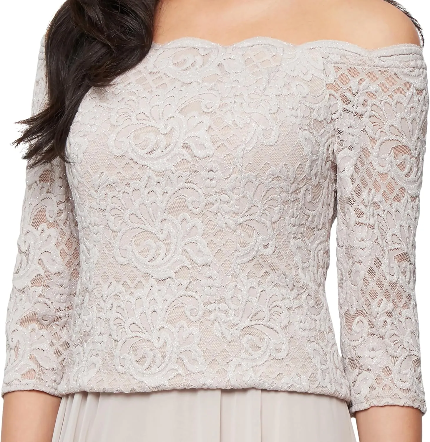 Alex Evenings Women's Long Stretch Lace Off The Shoulder Mock Mother of The Bride Dress (Petite and Regular Sizes)
