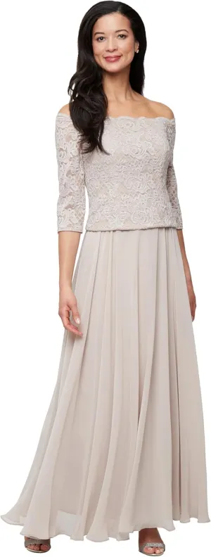 Alex Evenings Women's Long Stretch Lace Off The Shoulder Mock Mother of The Bride Dress (Petite and Regular Sizes)