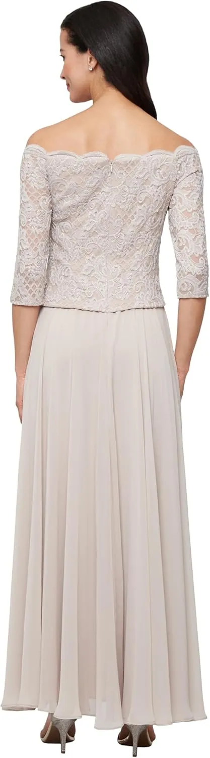 Alex Evenings Women's Long Stretch Lace Off The Shoulder Mock Mother of The Bride Dress (Petite and Regular Sizes)