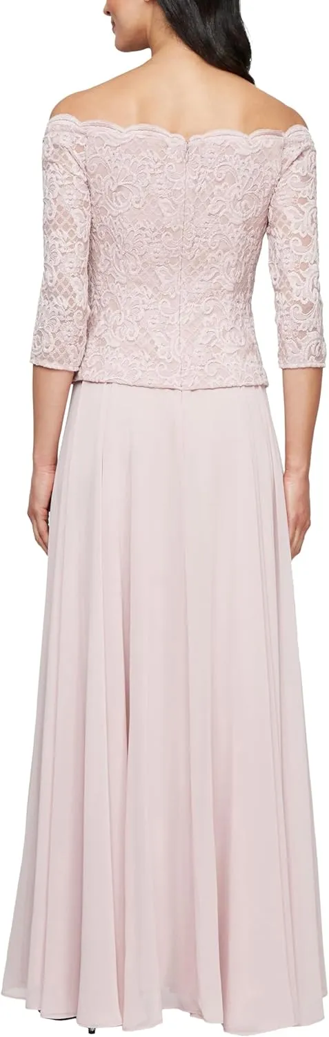 Alex Evenings Women's Long Stretch Lace Off The Shoulder Mock Mother of The Bride Dress (Petite and Regular Sizes)