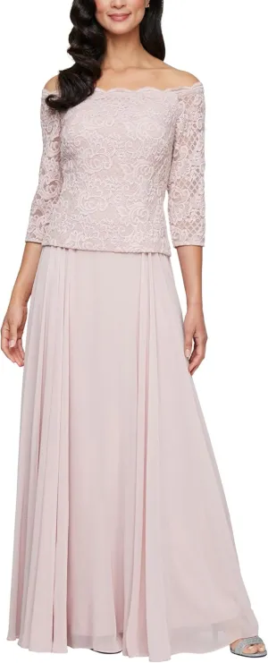 Alex Evenings Women's Long Stretch Lace Off The Shoulder Mock Mother of The Bride Dress (Petite and Regular Sizes)