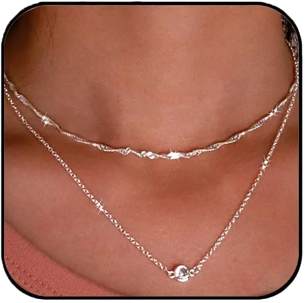 Aluinn Diamond Necklaces for Women Dainty 18k Silver CZ Diamond Choker Layered Necklaces Simple Jewelry Necklaces for Women