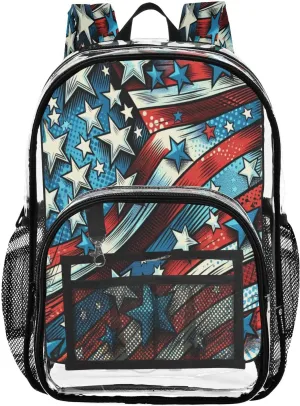 American Stars and Stripes Clear Backpack with Back Print, Heavy Duty See Through Backpacks PVC Transparent Daypack for Travel Security