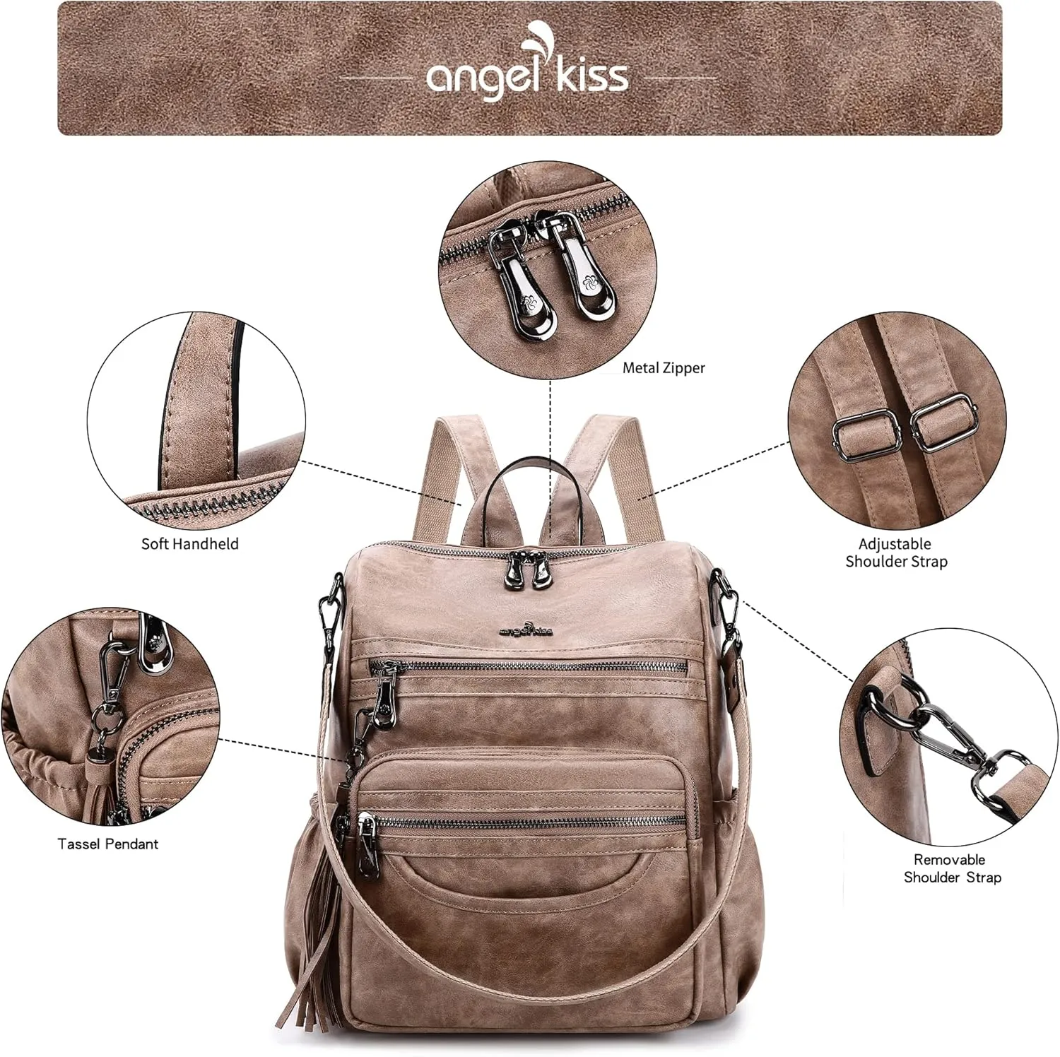 Angel Kiss Women's Backpacks & Purse - PU Leather Zipper Casual Backpacks & Shoulder Bags