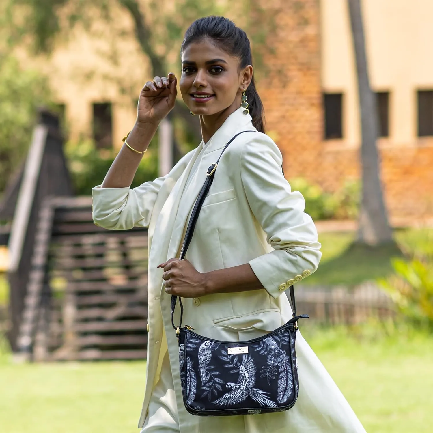 Anuschka East/West Hobo-Wanderlust Collection-Nylon Fabric with Leather Trim and Artwork Print