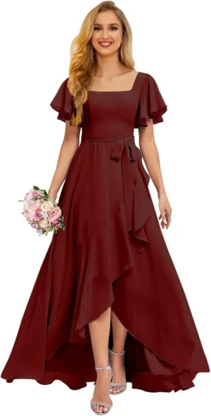 Aoruisen Flutter Sleeves Bridesmaid Dresses for Women Square Neck Long A-Line Chiffon Formal Evening Party Dress with Slit