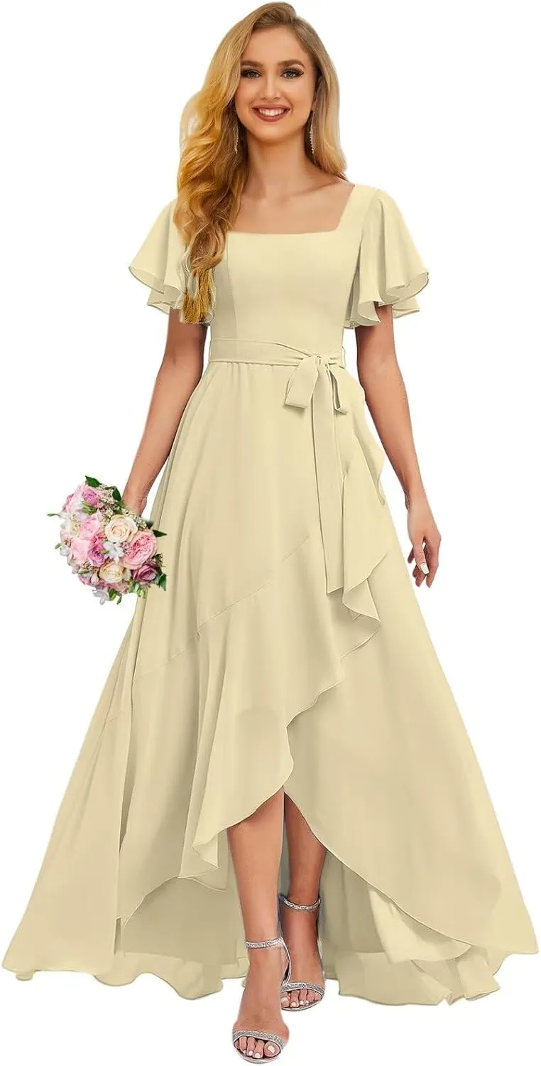 Aoruisen Flutter Sleeves Bridesmaid Dresses for Women Square Neck Long A-Line Chiffon Formal Evening Party Dress with Slit