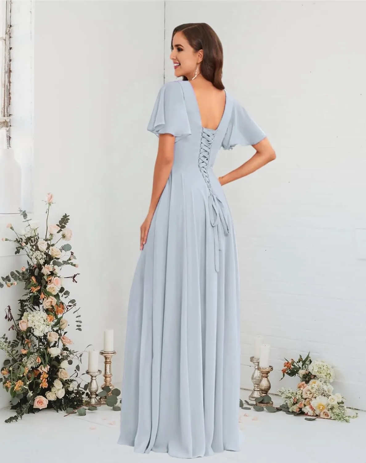 Aoruisen Flutter Sleeves Bridesmaid Dresses for Women Square Neck Long A-Line Chiffon Formal Evening Party Dress with Slit